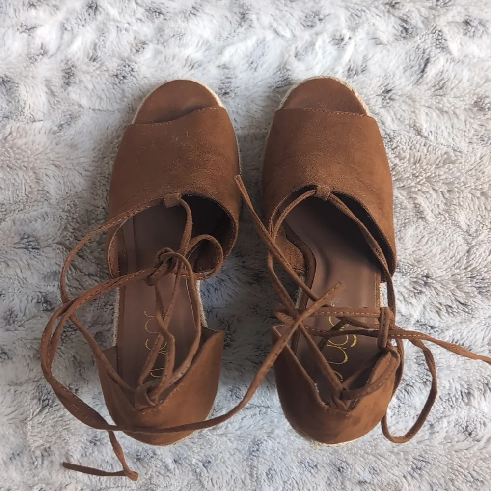 Sugar Faux Suede Shayla Espadrille Wedge Tie Brown Espadrille Sandals